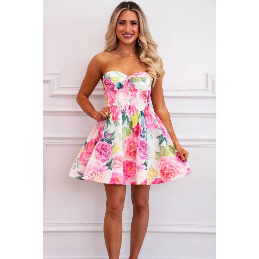 NEW THE VINTAGE SHOP ever bloom bustier floral dress in white/pink multi - Picture 3 of 3